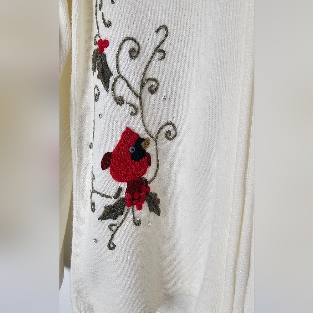 Allison Daley S Zip Cardigan Cream Sweater Red Embroidered Cardinals Rhinestones - Picture 3 of 6